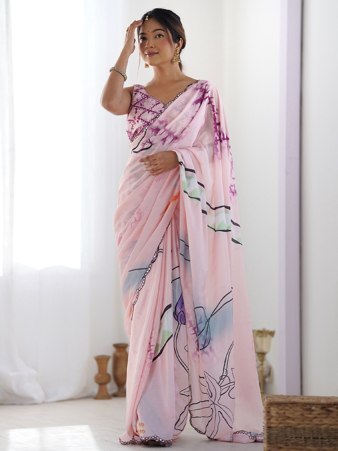 

KALINI Ethnic Motifs Mirror Work Saree, Pink