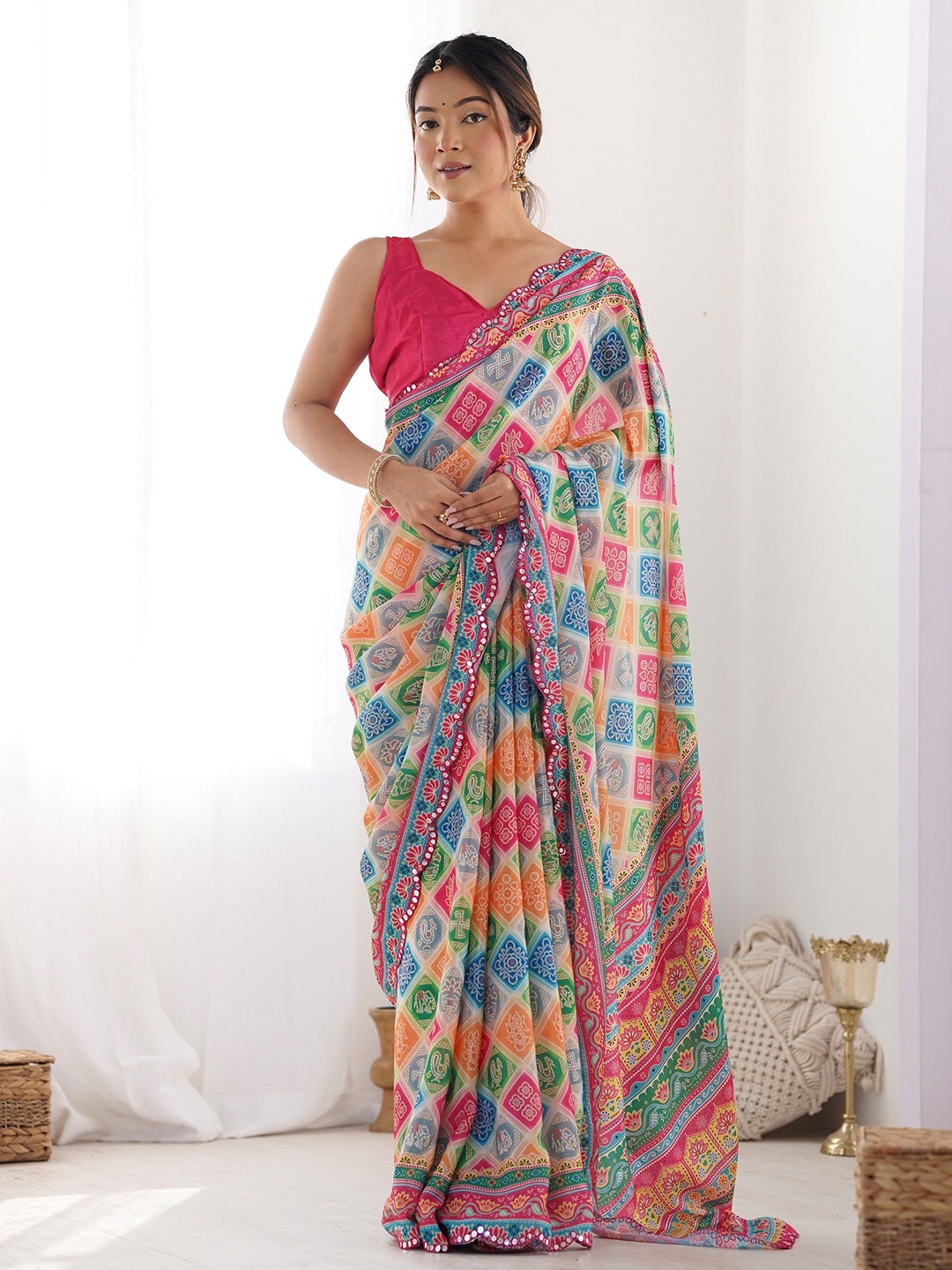 

KALINI Bandhani Mirror Work Saree, Blue