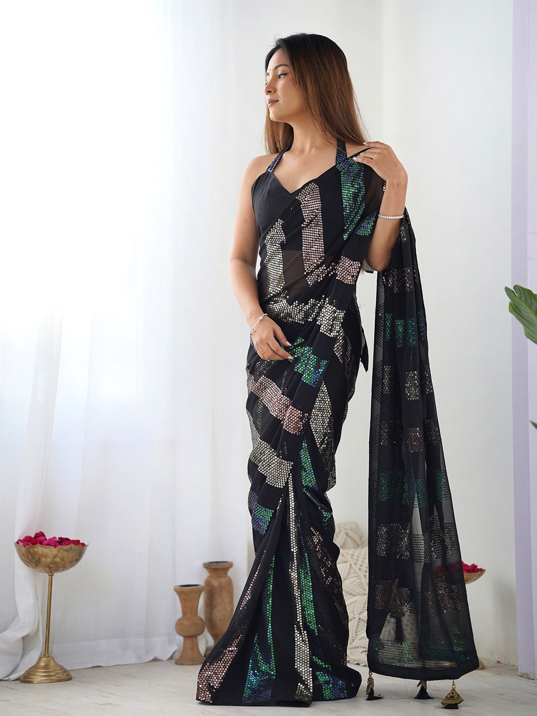 

KALINI Embellished Sequinned Heavy Work Saree, Black