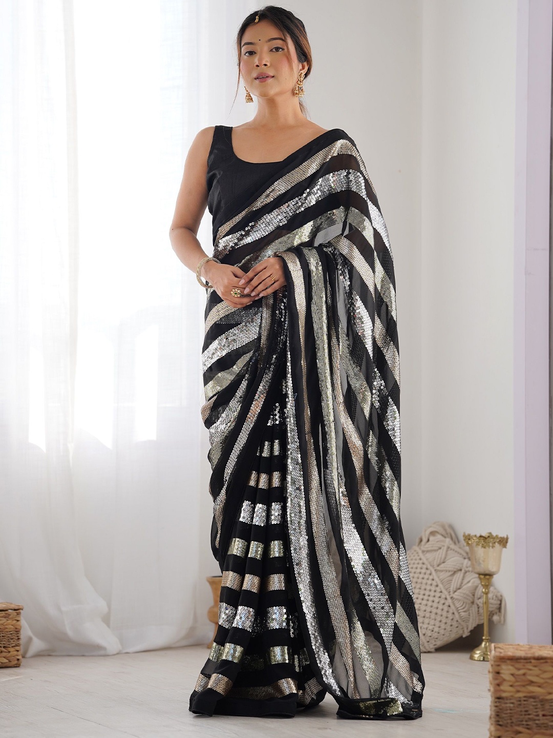 

KALINI Striped Sequinned Poly Georgette Saree, Black