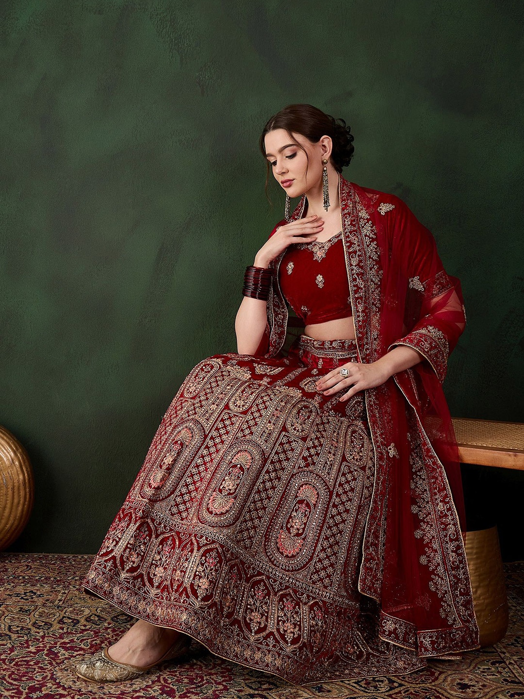 

Sangria Embroidered Velvet Flared Lehenga & Unstitched Choli With Dupatta, Maroon