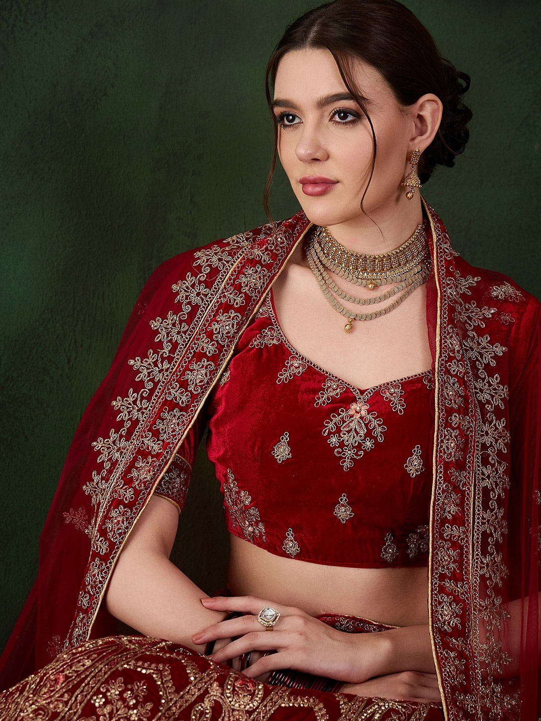 

Sangria Embroidered Velvet Lehenga & Unstitched Choli With Dupatta, Maroon