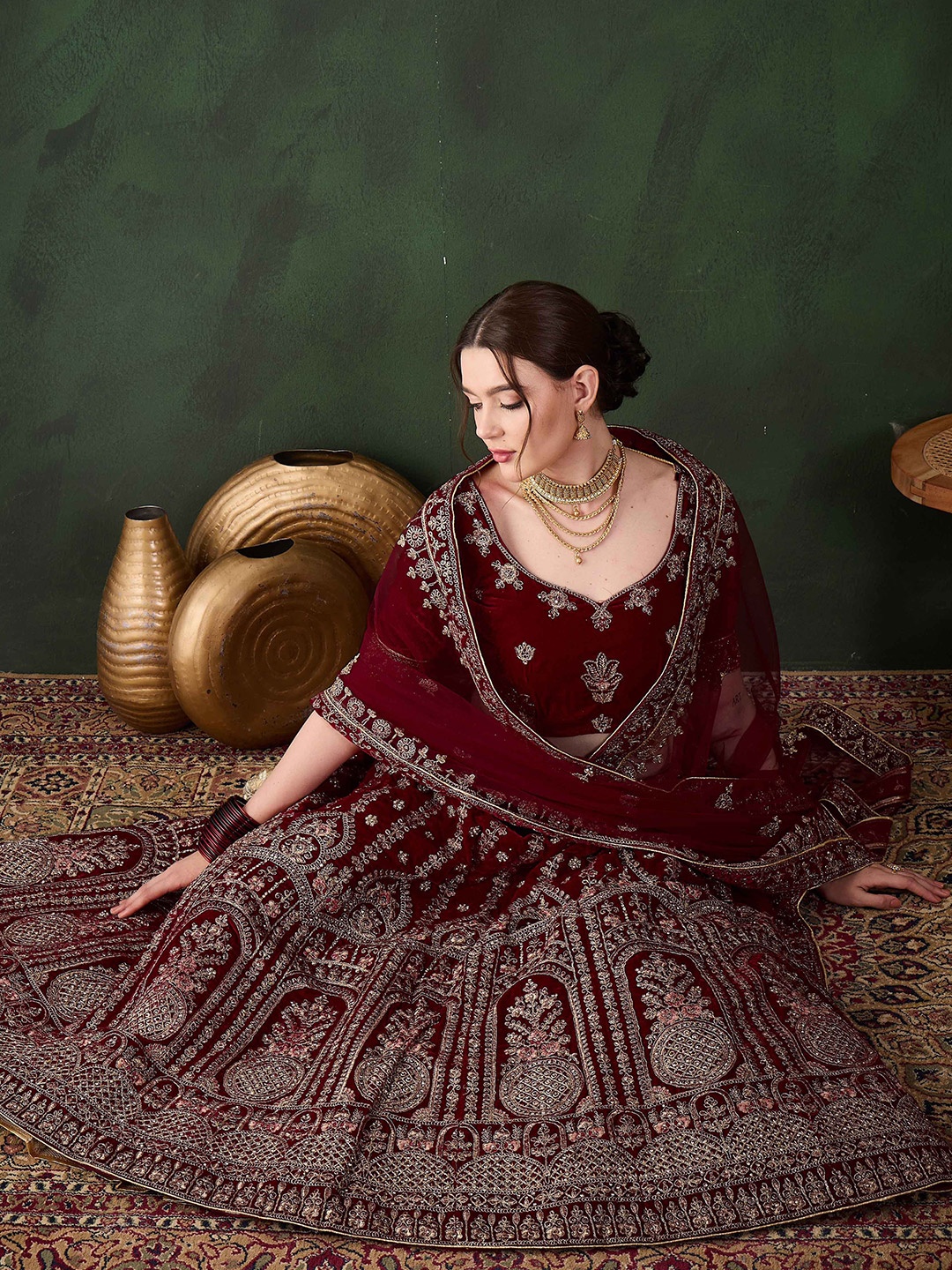 

Sangria Embroidered Velvet Flared Lehenga & Unstitched Choli With Dupatta, Maroon