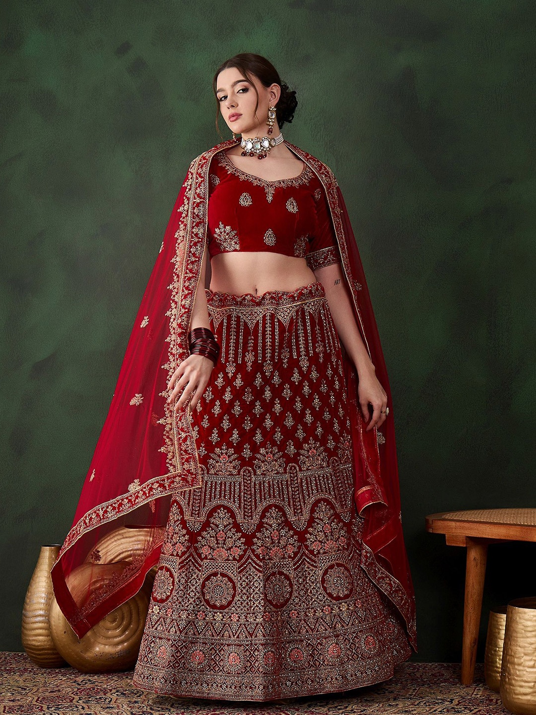 

Sangria Embroidered Velvet Flared Lehenga & Unstitched Choli With Dupatta, Red