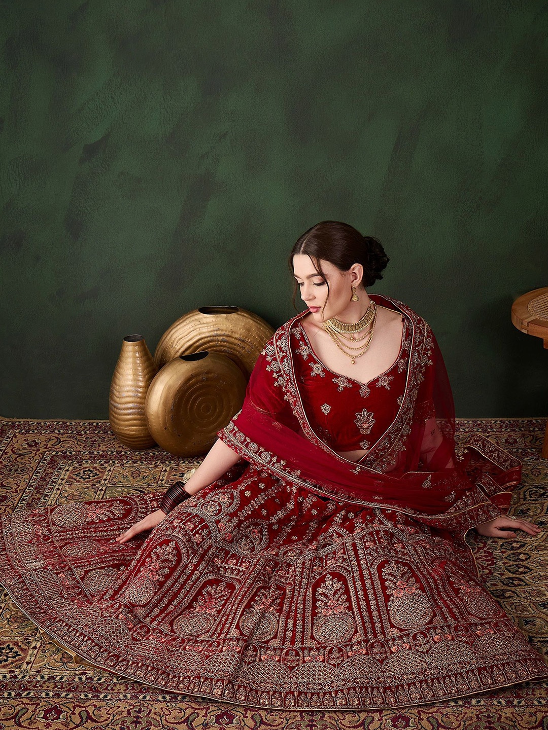 

Sangria Embroidered Velvet Flared Lehenga & Unstitched Choli With Dupatta, Maroon