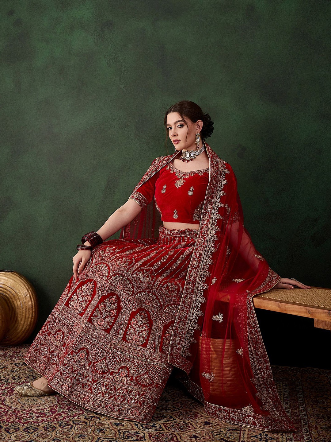 

Sangria Embroidered Velvet Flared Lehenga & Unstitched Choli With Dupatta, Red