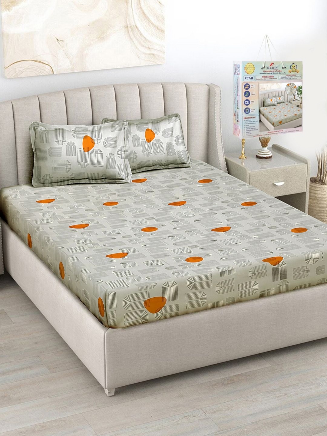 

FABINALIV Beige & Orange Coloured Printed 300 TC King Bedsheet Set 2.70 m x 2.70 m