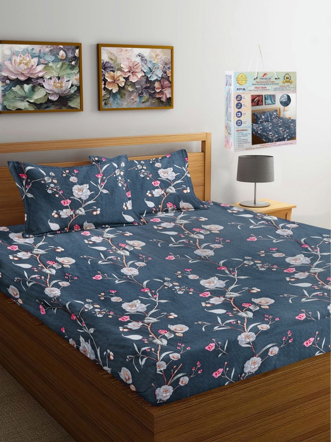 

FABINALIV Navy Blue & Pink Floral Printed 300 TC King Bedsheet Set 2.7 m x 2.7 m
