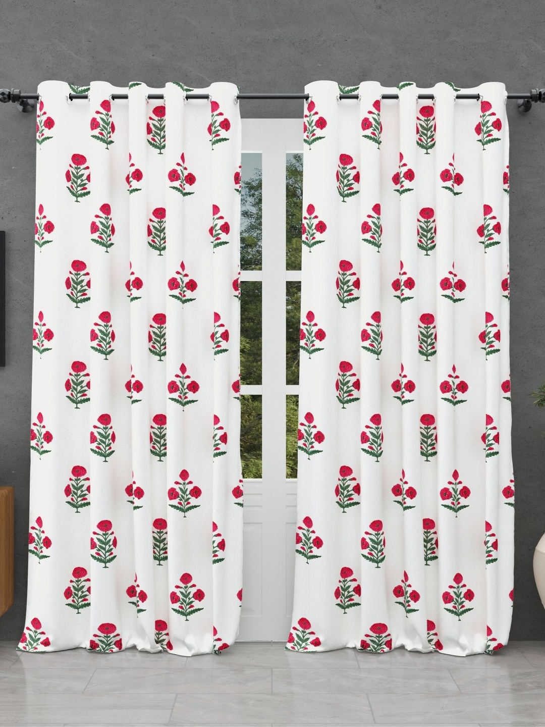 

BED-SHEET.COM Green & White Cotton Floral Printed Window Curtain