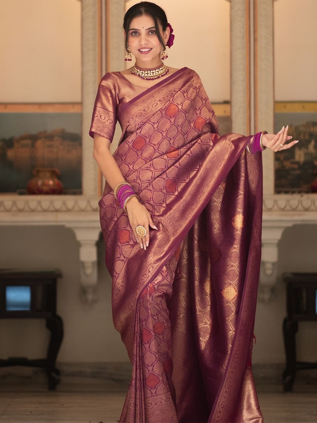 

Fabdeal Woven Design Zari Kanjeevaram with Zari Border Traditional Saree, Purple