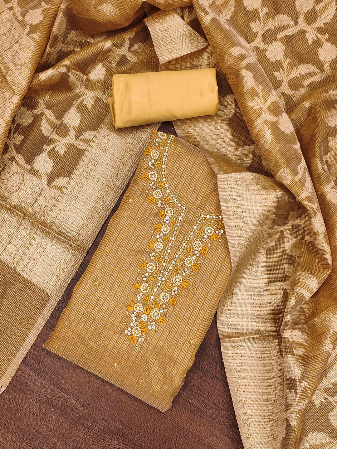 

KIMISHA Floral Embroidered Beads Work Unstitched Dress Material, Mustard