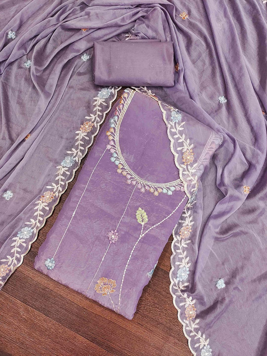 

KIMISHA Floral Embroidered Sequinned Unstitched Dress Material, Lavender
