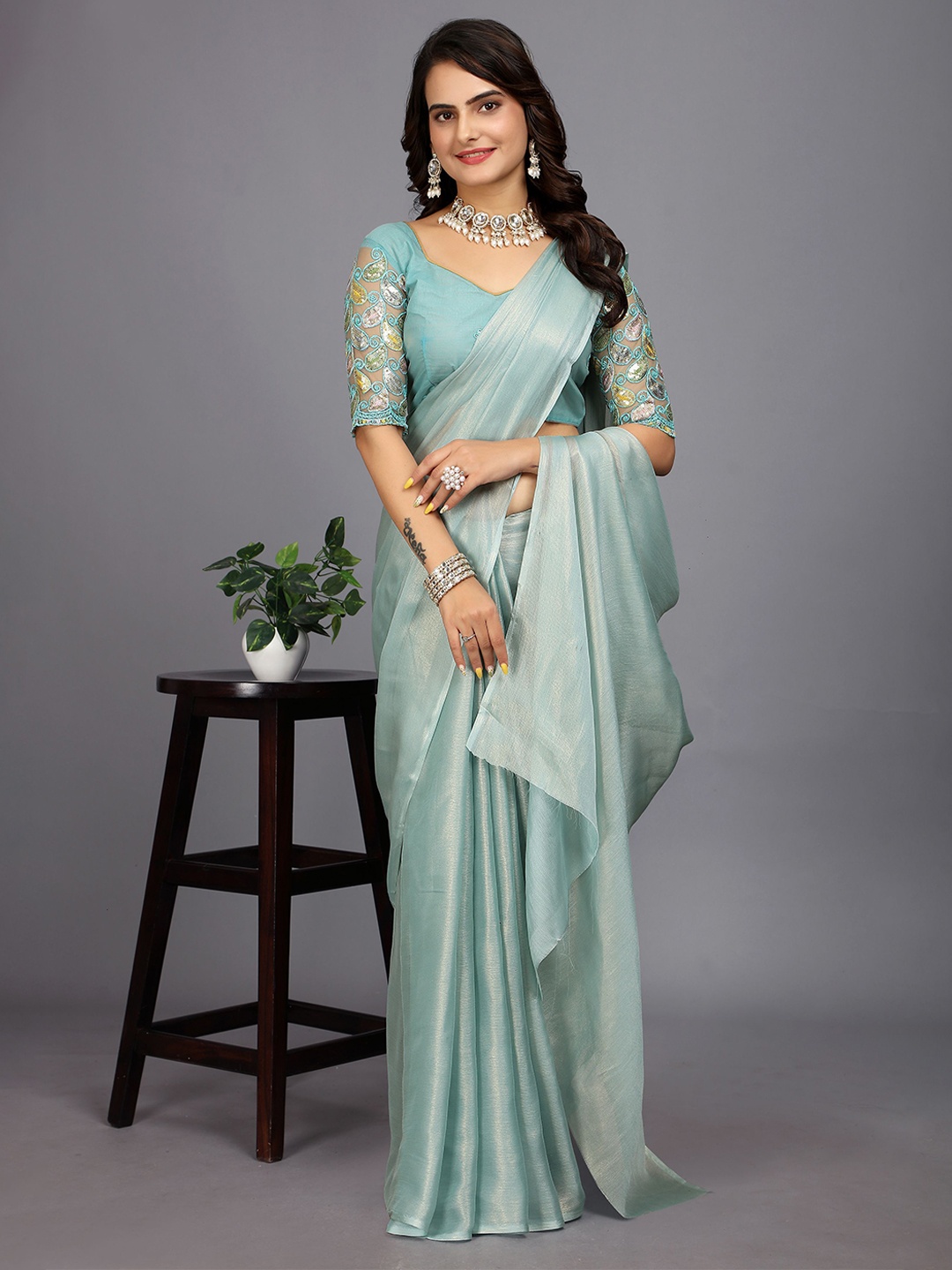 

Rhey Soft Fusion Saree with Blouse Piece, Blue