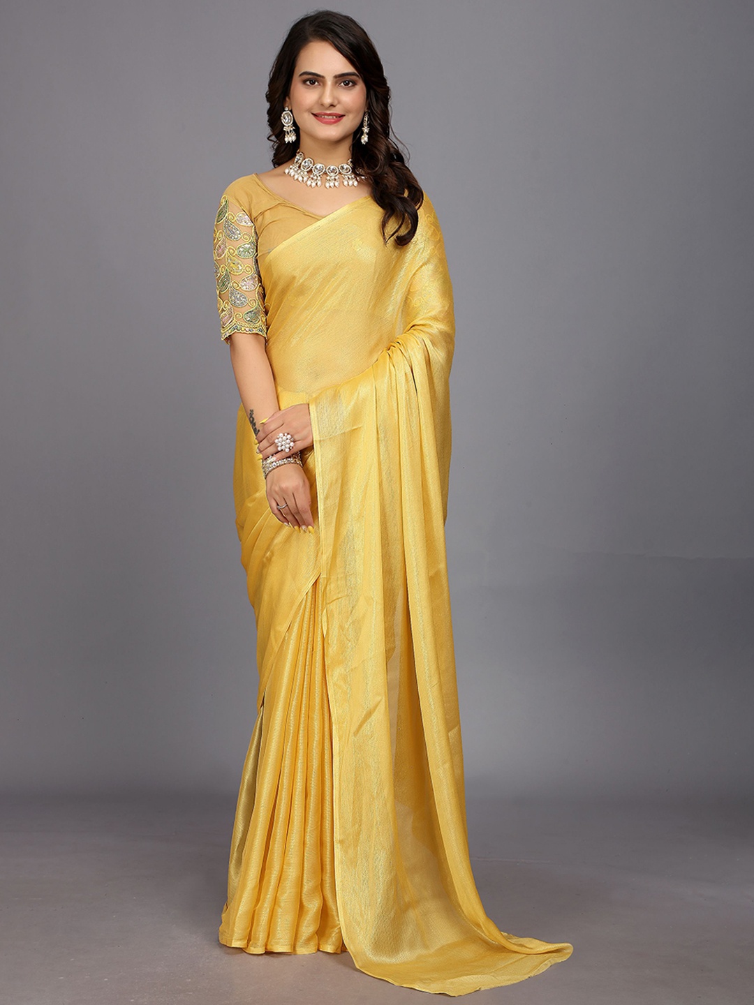 

Rhey Women Festive Saree with Embroidered Work Blouse, Yellow