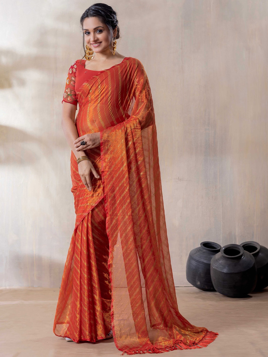 

Rhey Striped Embroidered Saree, Orange