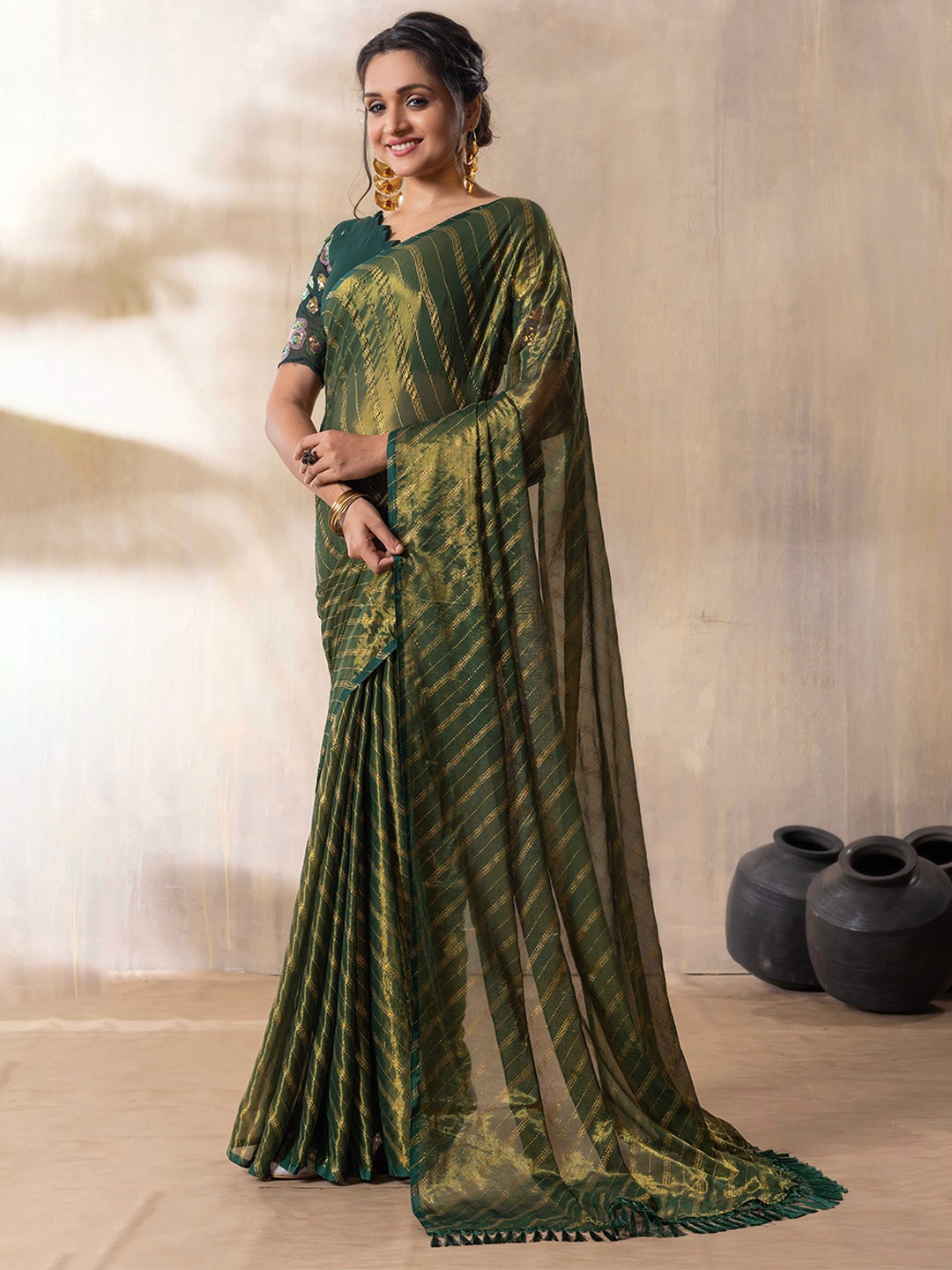 

Rhey Striped Embroidered Saree, Green