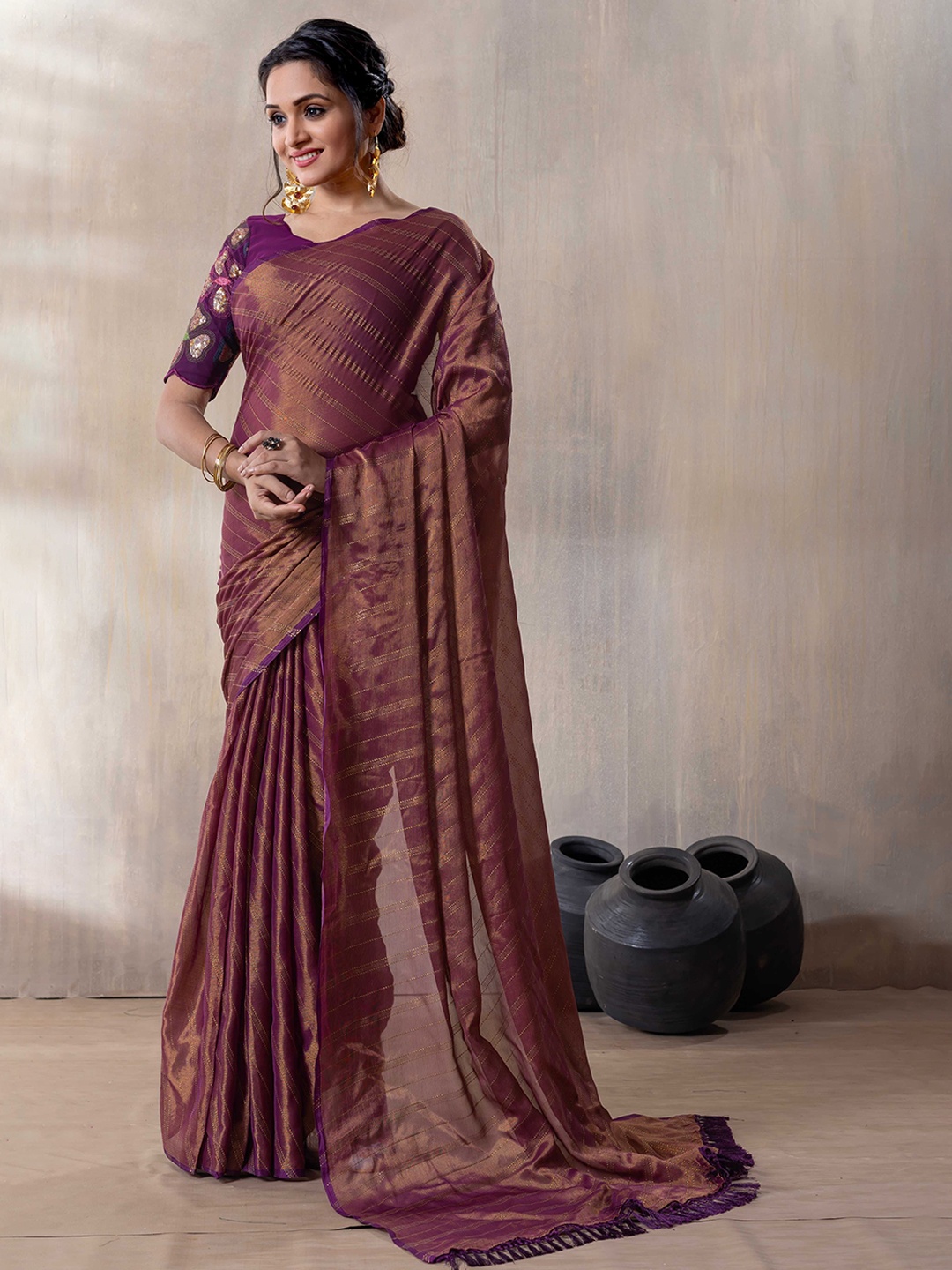 

Rhey Striped Embroidered Saree, Purple