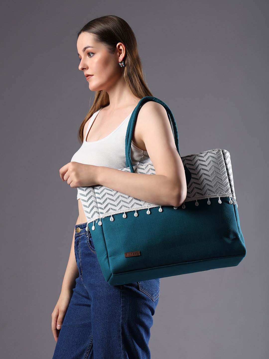 

ENSAC Women Striped Structured Cotton Shoulder Bag, Teal