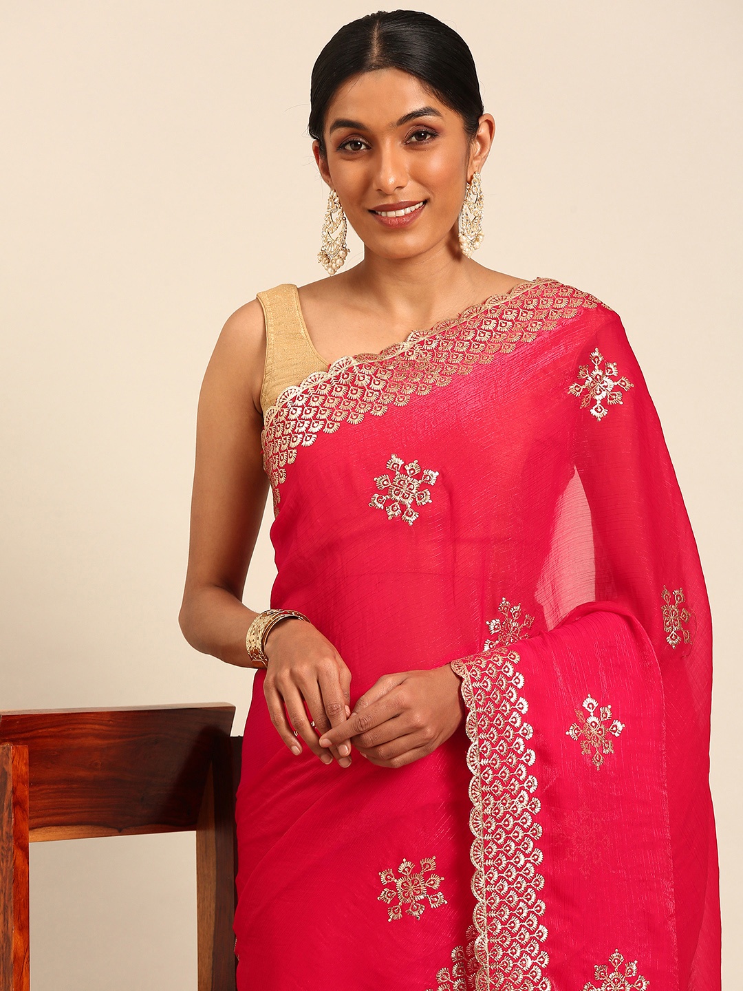 

Mitera Embellished Embroidered Designer Saree, Red