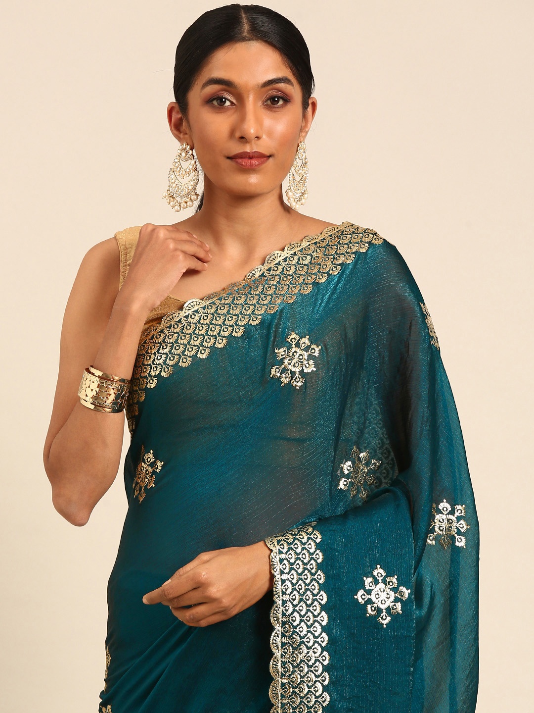 

Mitera Embellished Embroidered Poly Chiffon Designer Saree, Teal