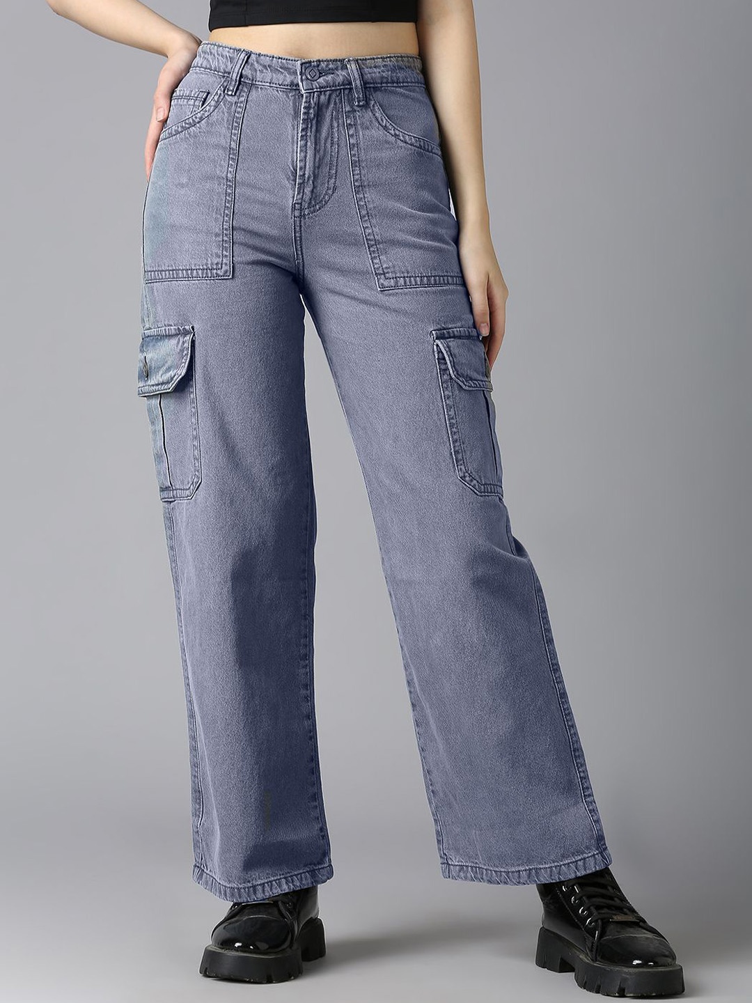 

CEFALU Women Relaxed Straight Fit High-Rise Cargos Trousers, Grey