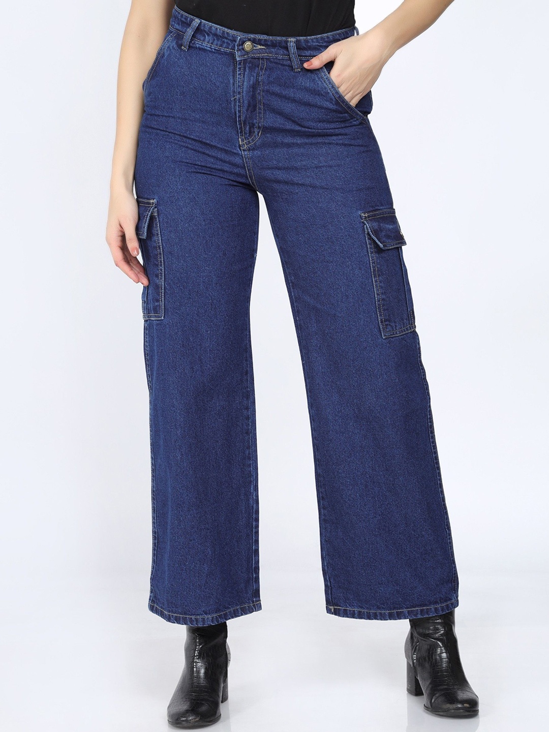 

CEFALU Women Relaxed Straight Fit High-Rise Cargos Trousers, Navy blue
