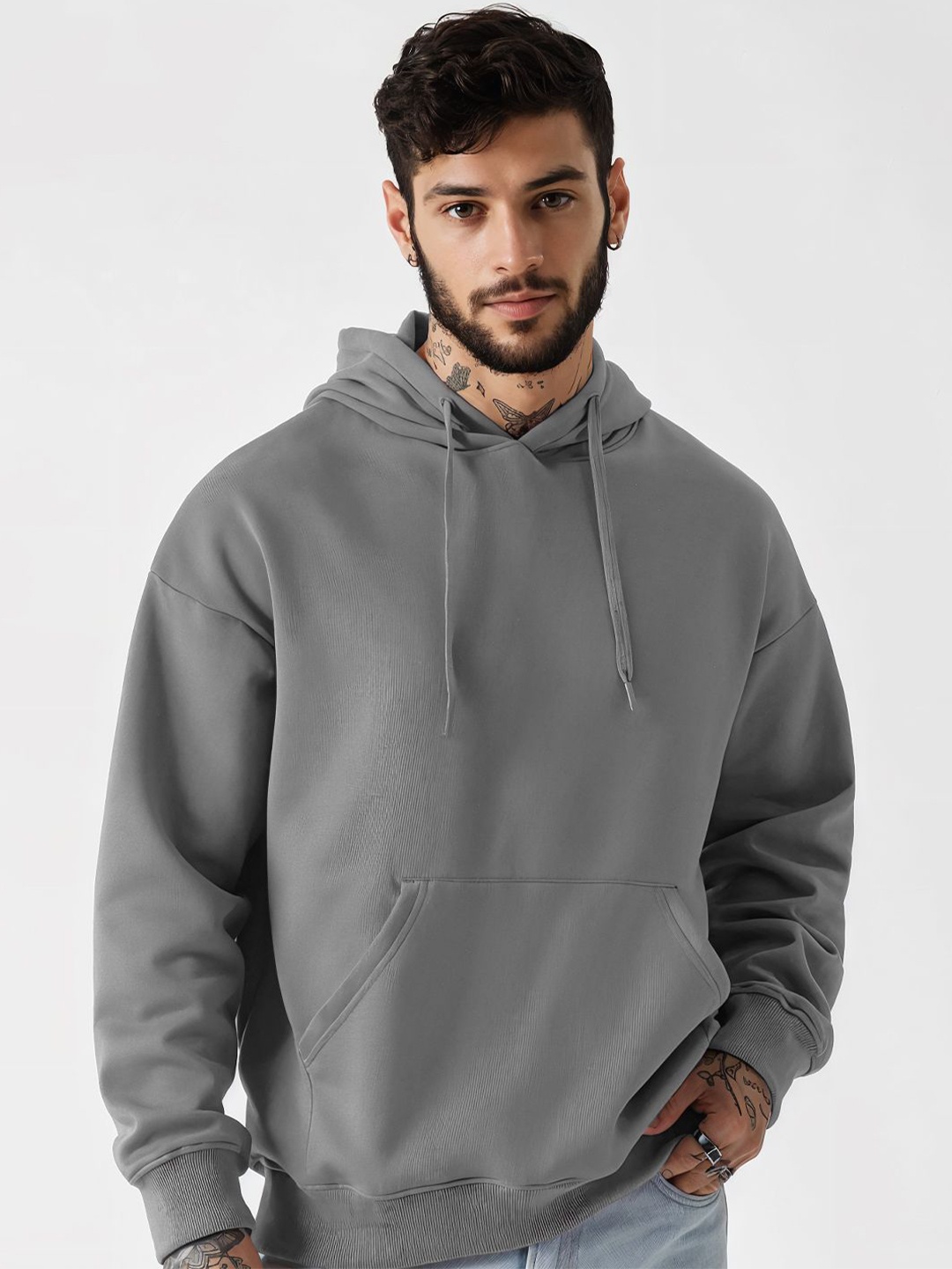 

Crazymonk Men Plain Overesized Hooded Sweatshirt, Grey