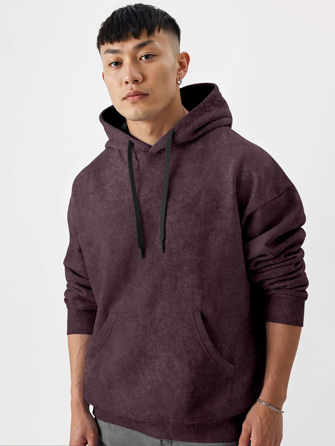 

Crazymonk Men Plain Acid Wash Oversized Hoodie, Purple
