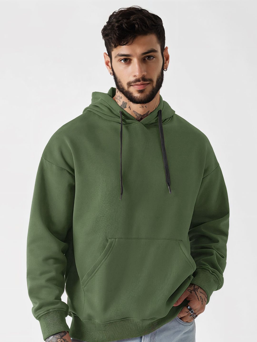 

Crazymonk Men Cotton Plain Overesized Hooded Sweatshirt, Green