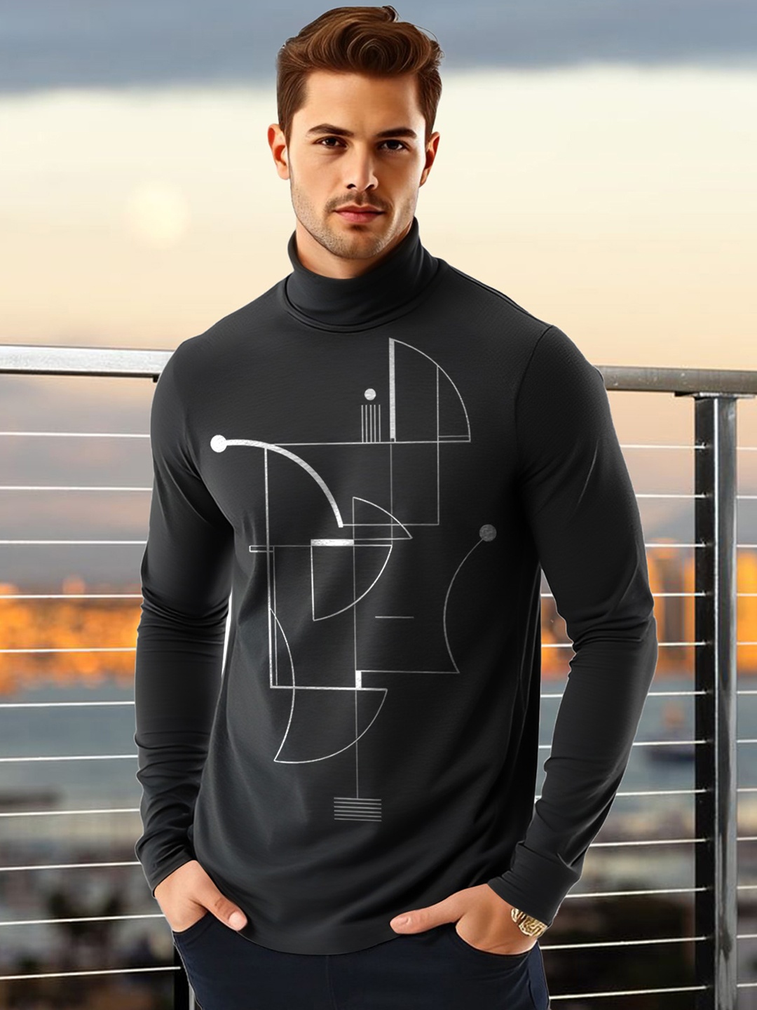 

AUSK Men Geometric Printed High Neck Cotton T-shirt, Black