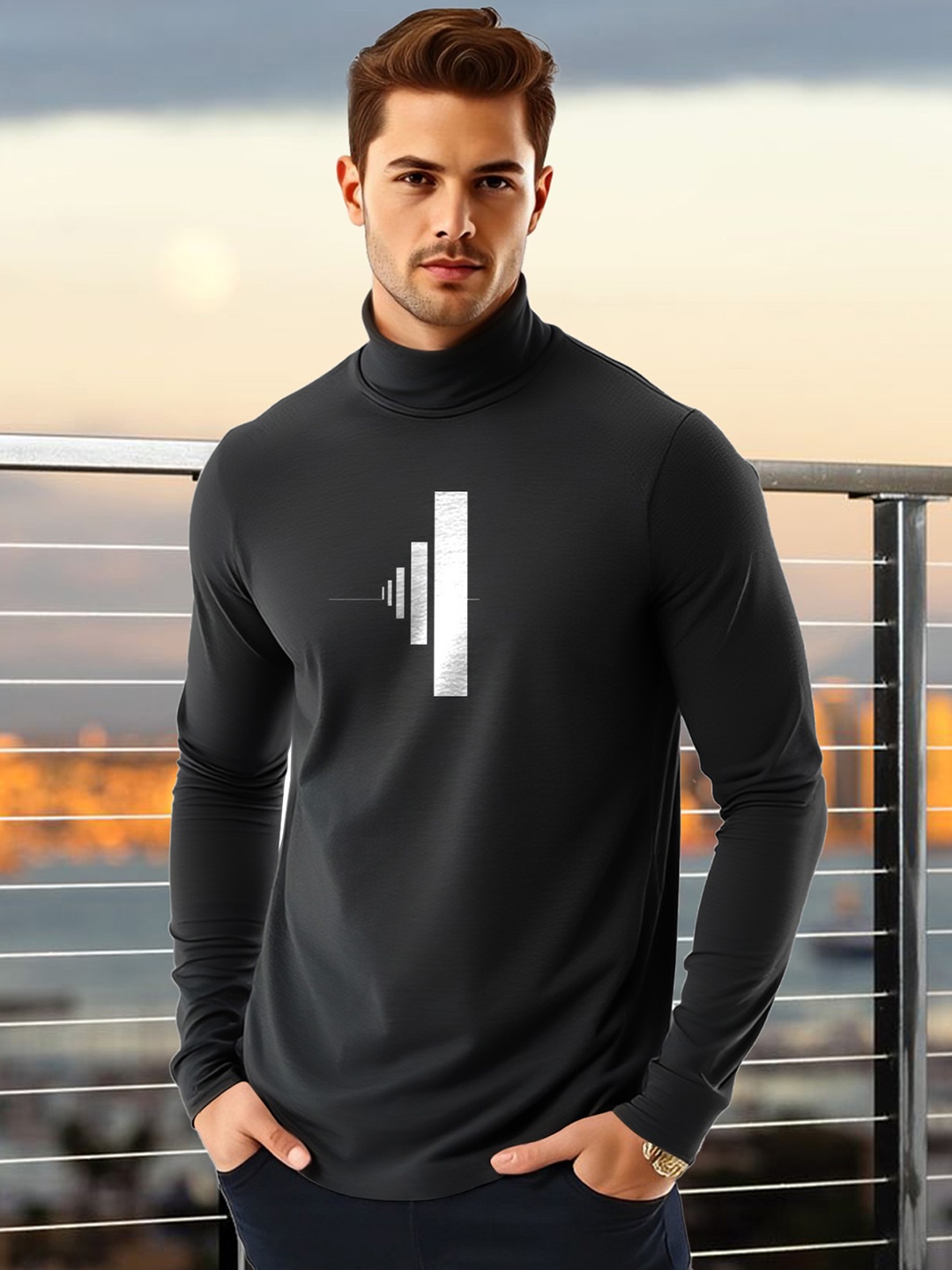 

AUSK Men Graphic Printed High Neck Cotton T-shirt, Black