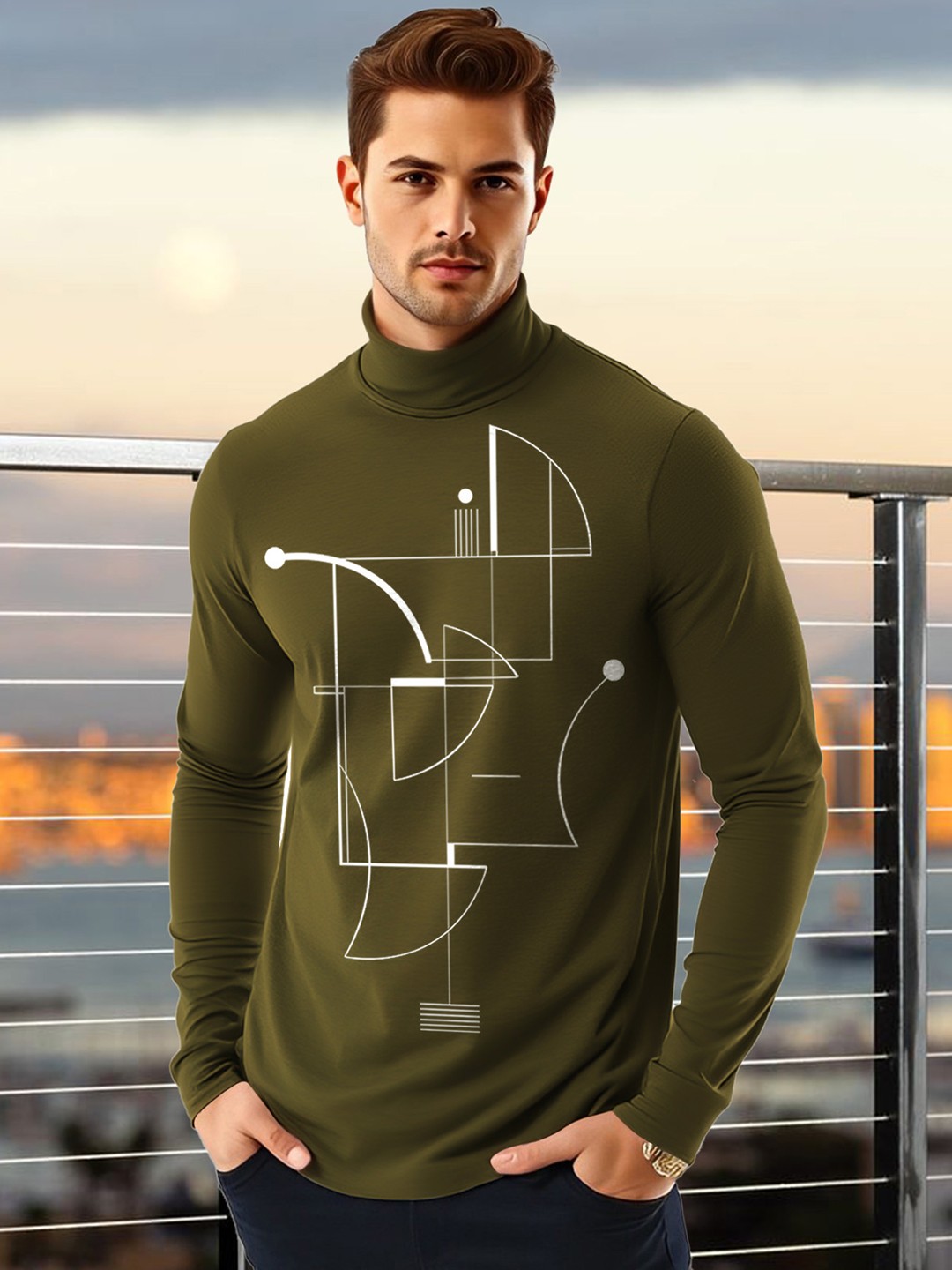 

AUSK Men Geometric Printed High Neck Cotton T-shirt, Olive