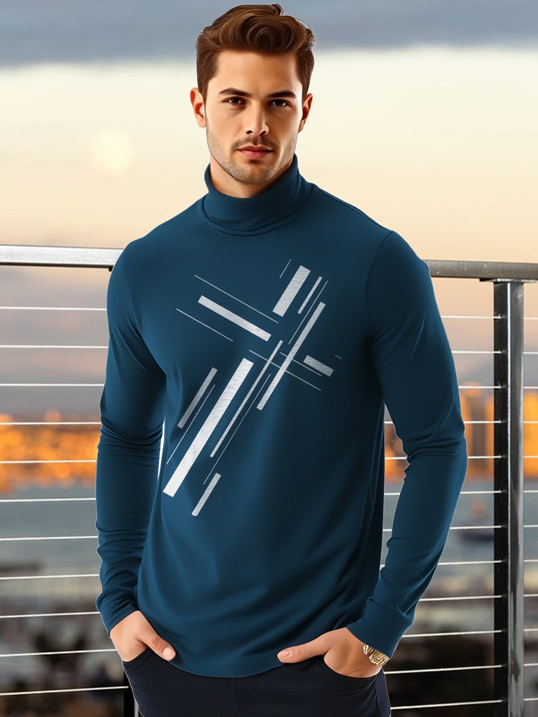 AUSK Men Geometric Printed High Neck Cotton T-shirt, Teal