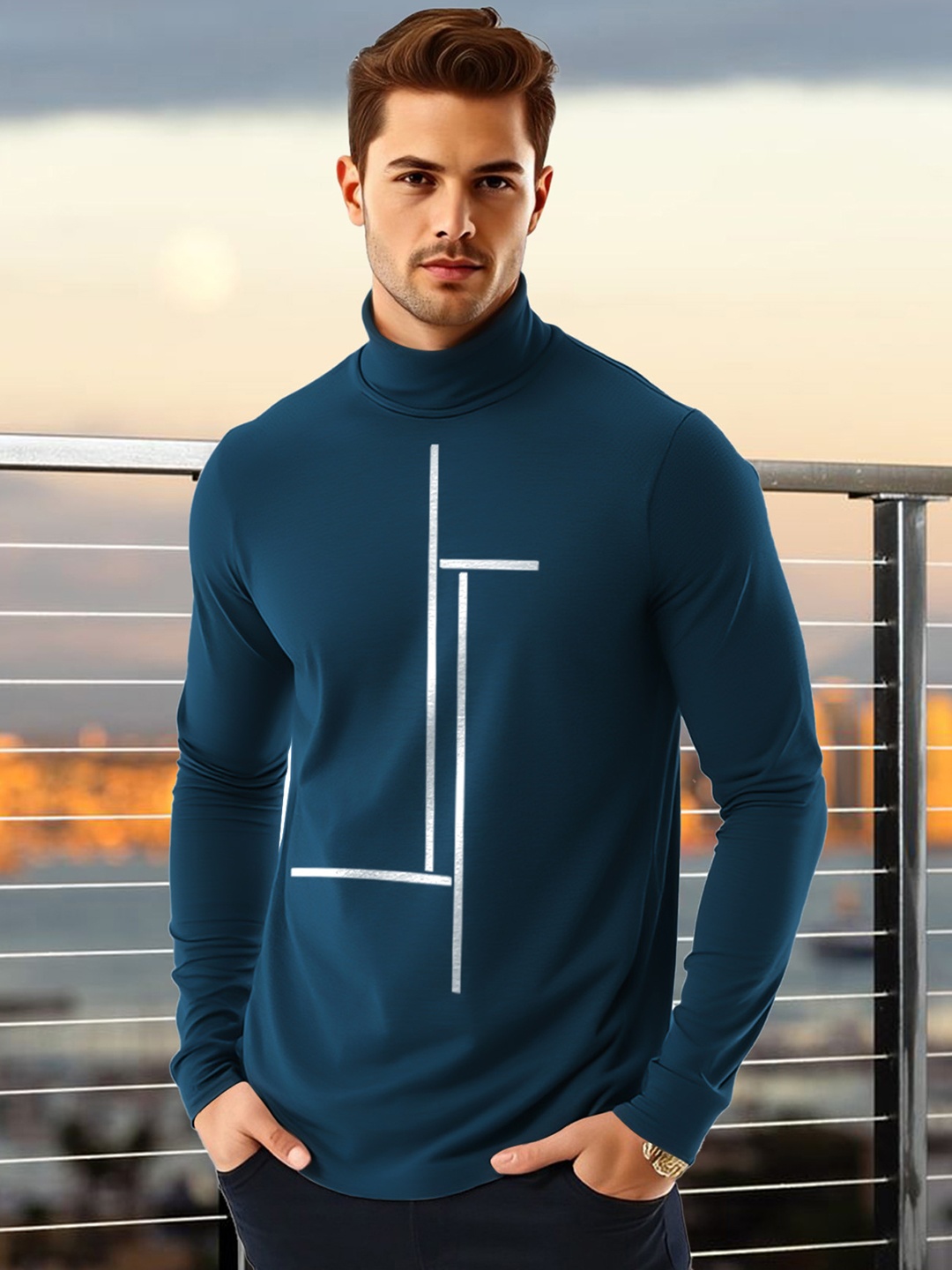 

AUSK Men Geometric Printed High Neck Cotton T-shirt, Teal
