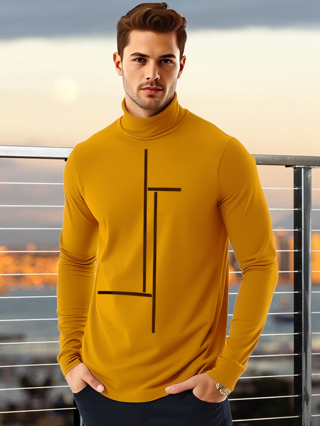 

AUSK Men Geometric Printed High Neck Cotton T-shirt, Mustard