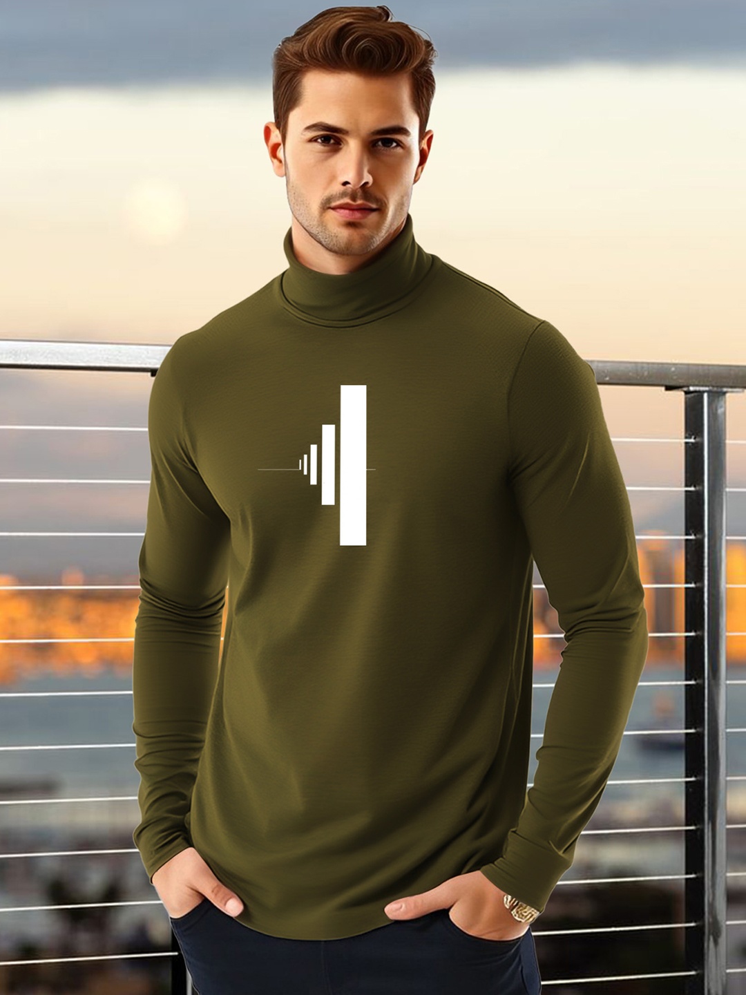 AUSK Men Geometric Printed High Neck Cotton T-shirt, Olive
