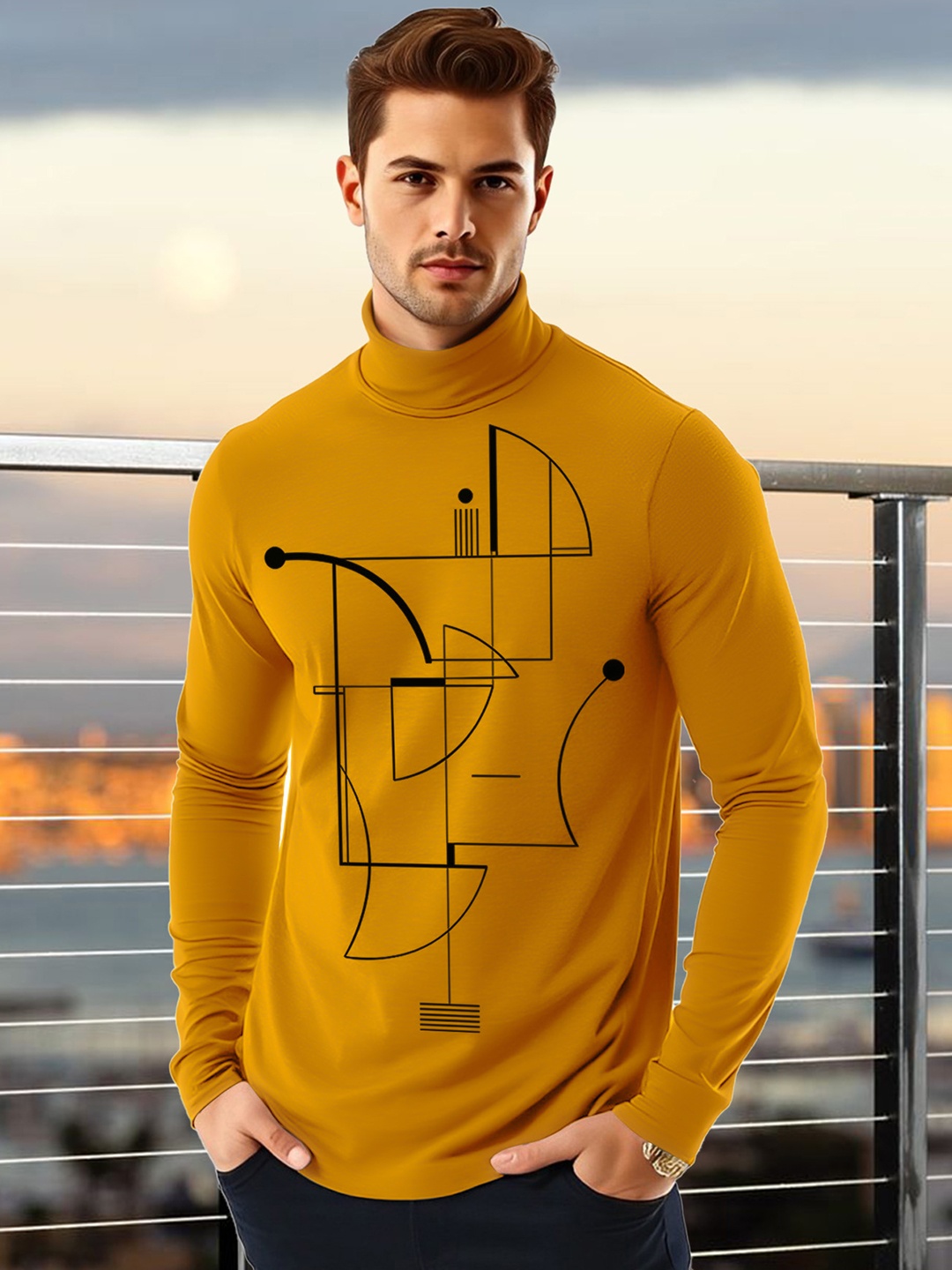 

AUSK Men Graphic Printed High Neck Cotton Relaxed Fit T-shirt, Mustard