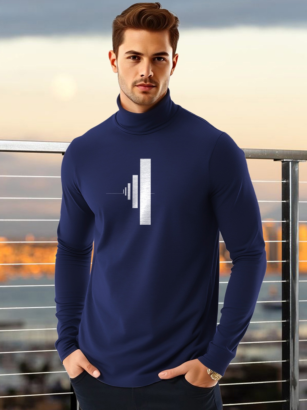 

AUSK Men Geometric Printed High Neck Cotton T-shirt, Blue