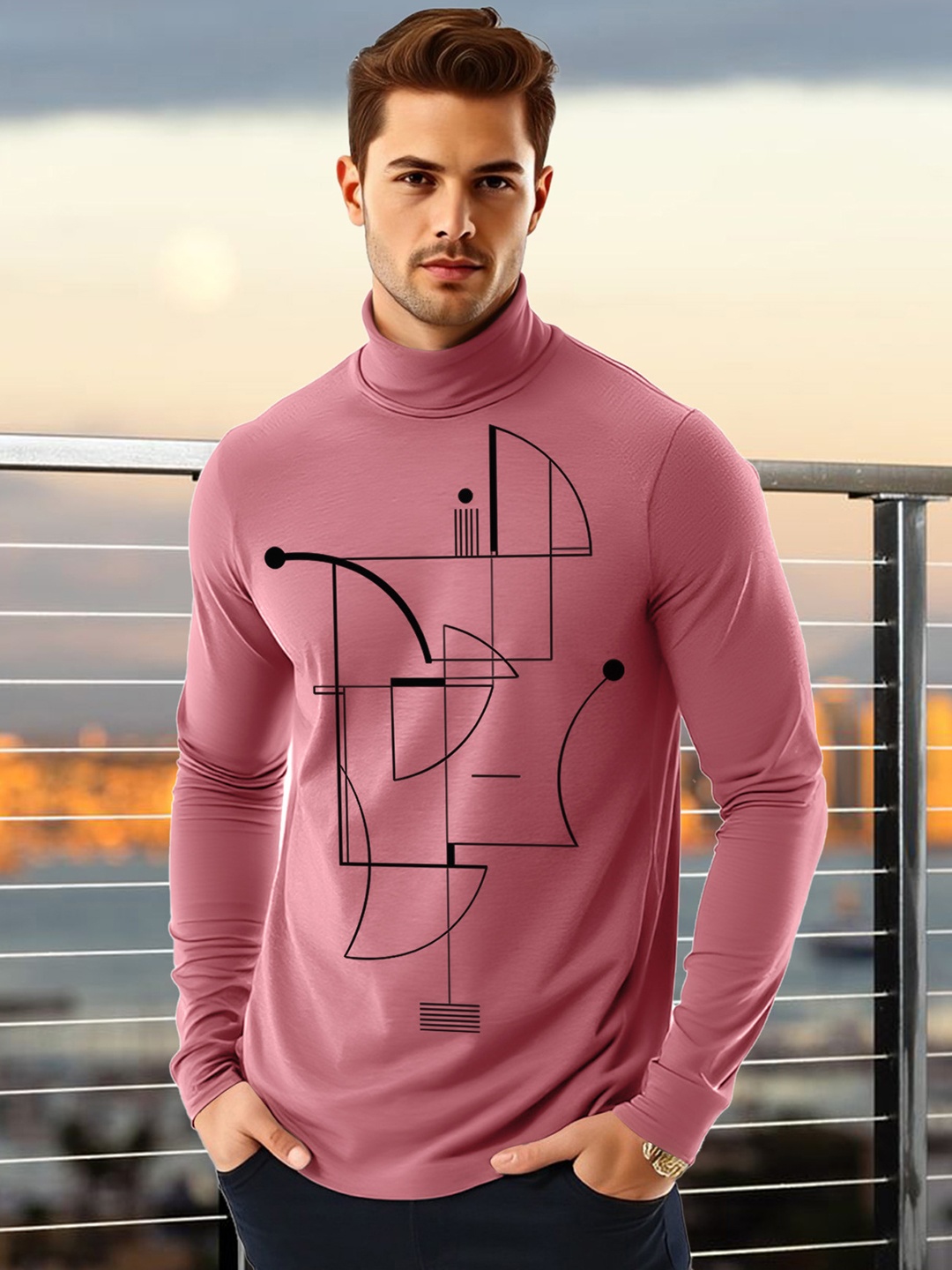 

AUSK Men Geometric Printed High Neck Cotton T-shirt, Peach