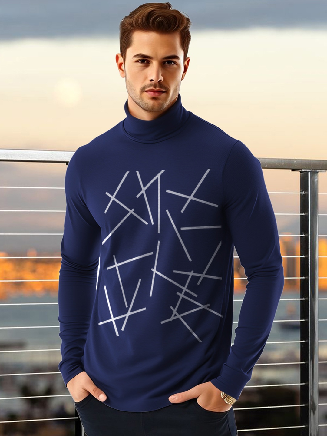 

AUSK Men Geometric Printed High Neck Cotton T-shirt, Blue