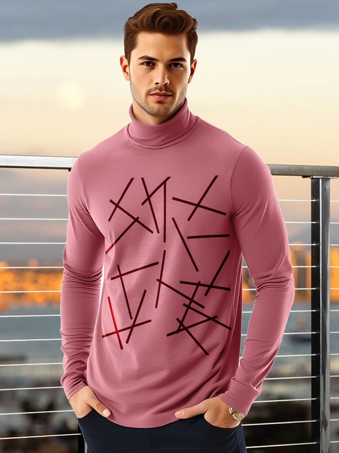 

AUSK Men Geometric Printed High Neck Cotton T-shirt, Peach