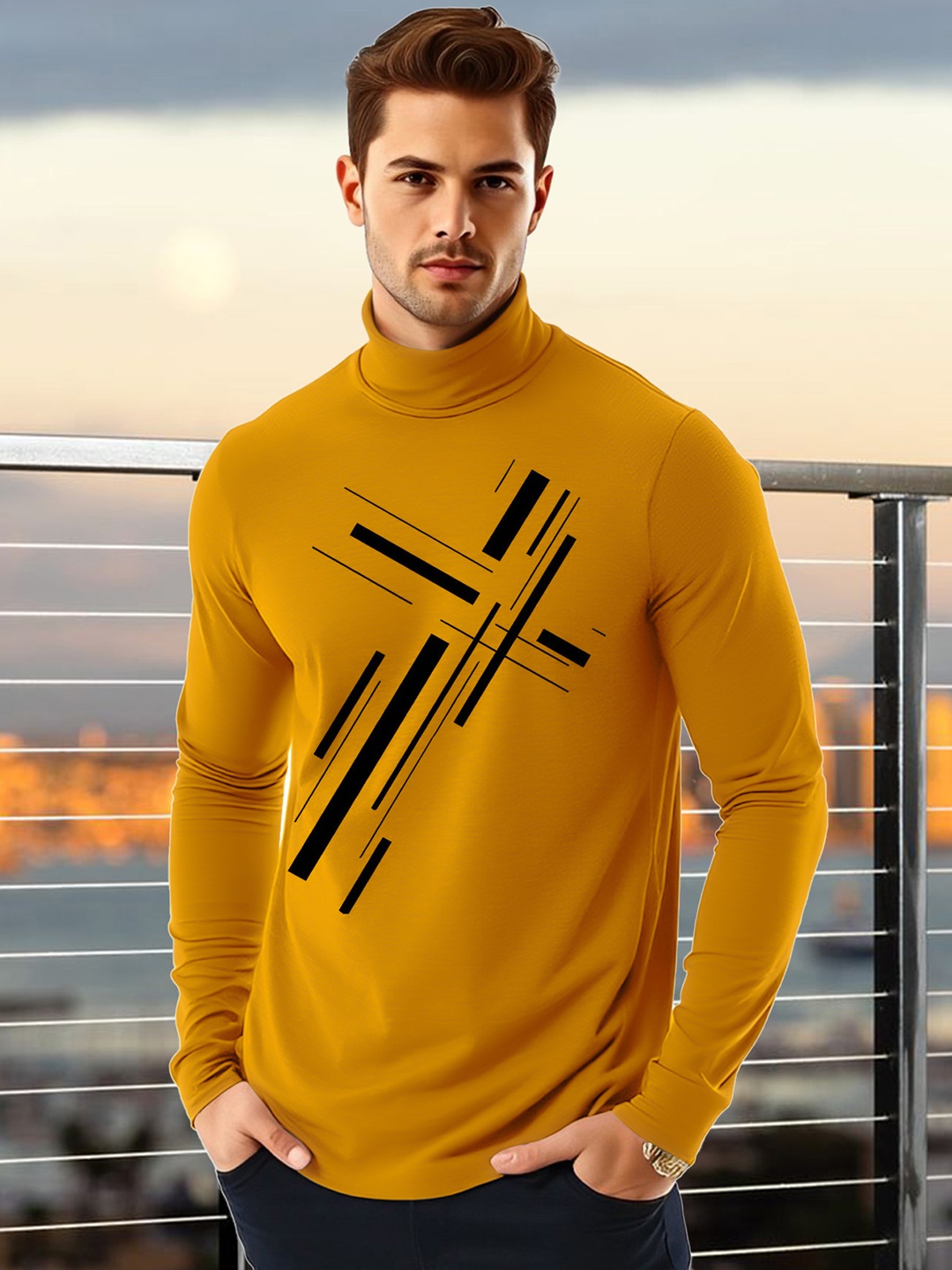 

AUSK Men Geometric Printed High Neck Cotton T-shirt, Mustard