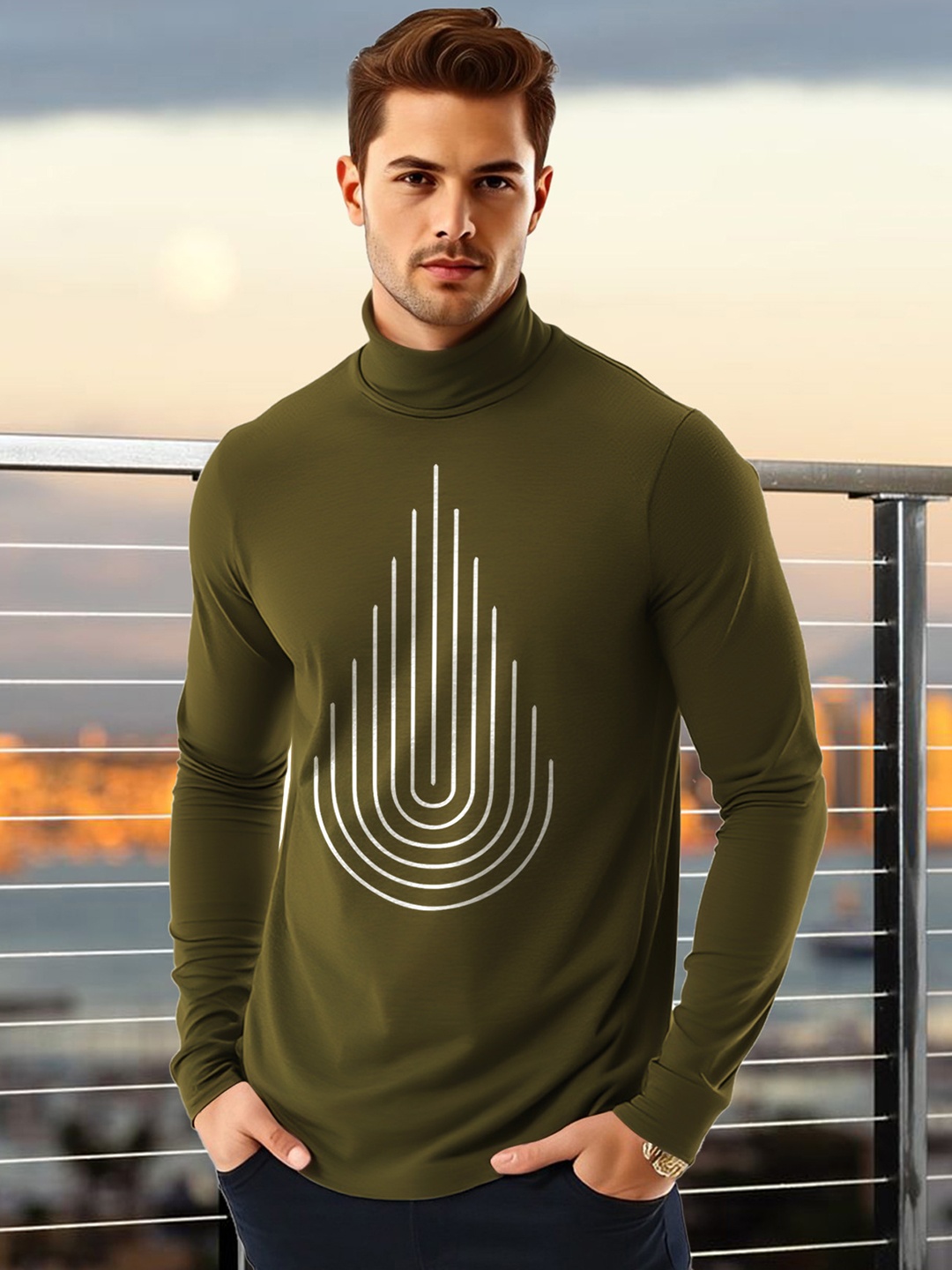

AUSK Men Geometric Printed High Neck Cotton T-shirt, Olive