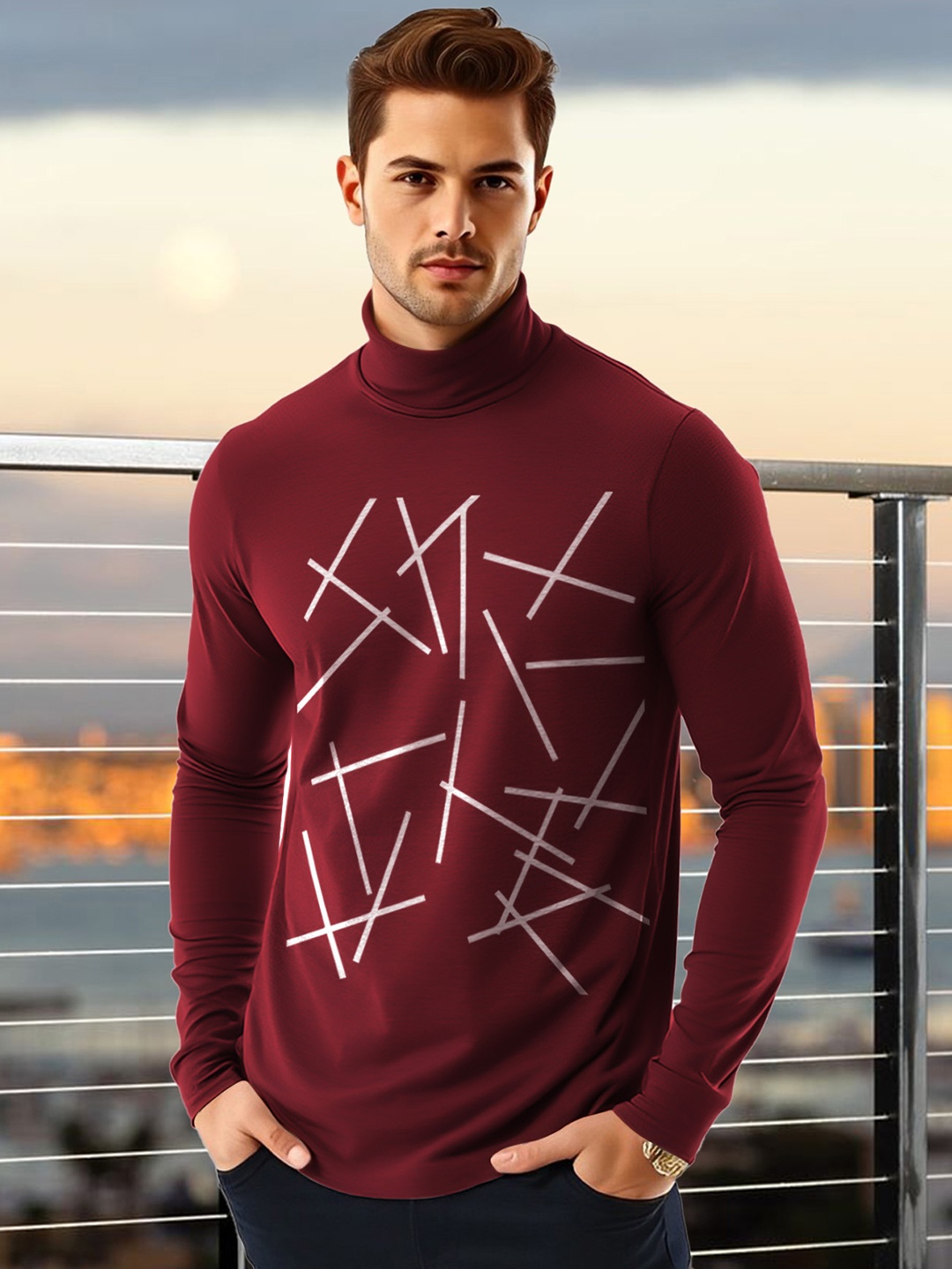 

AUSK Men Geometric Printed High Neck Cotton T-shirt, Maroon