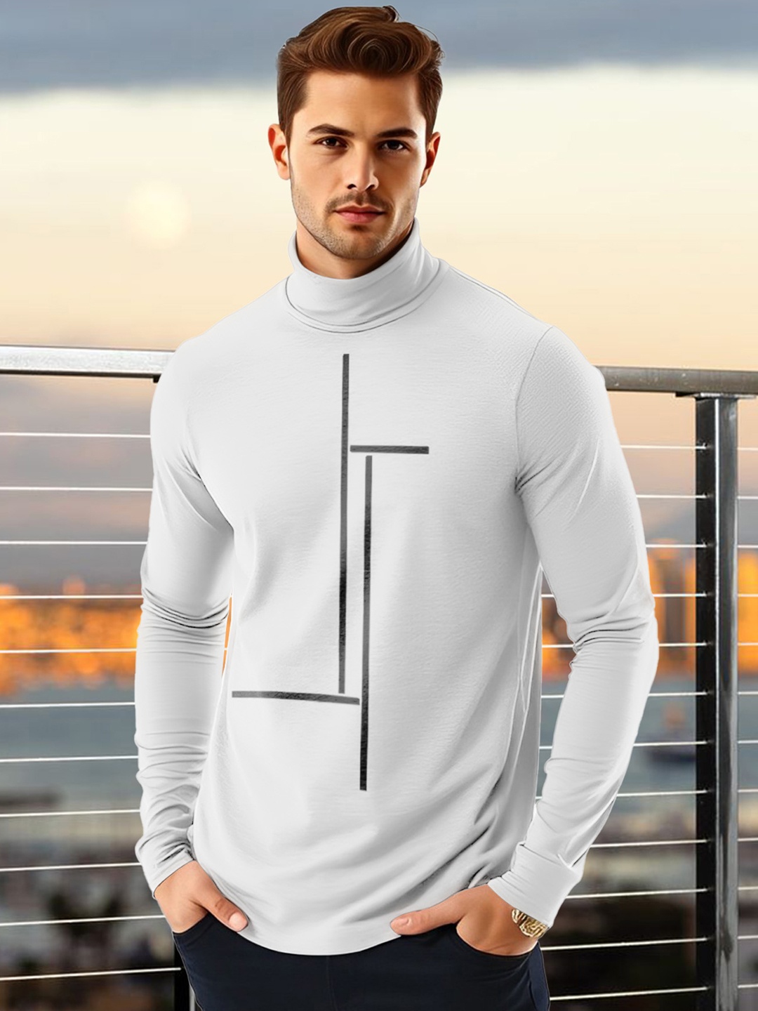 AUSK Men Geometric Printed High Neck Cotton T-shirt, White