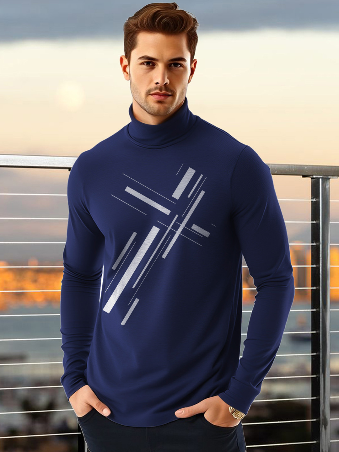 

AUSK Men Geometric Printed High Neck Cotton T-shirt, Blue