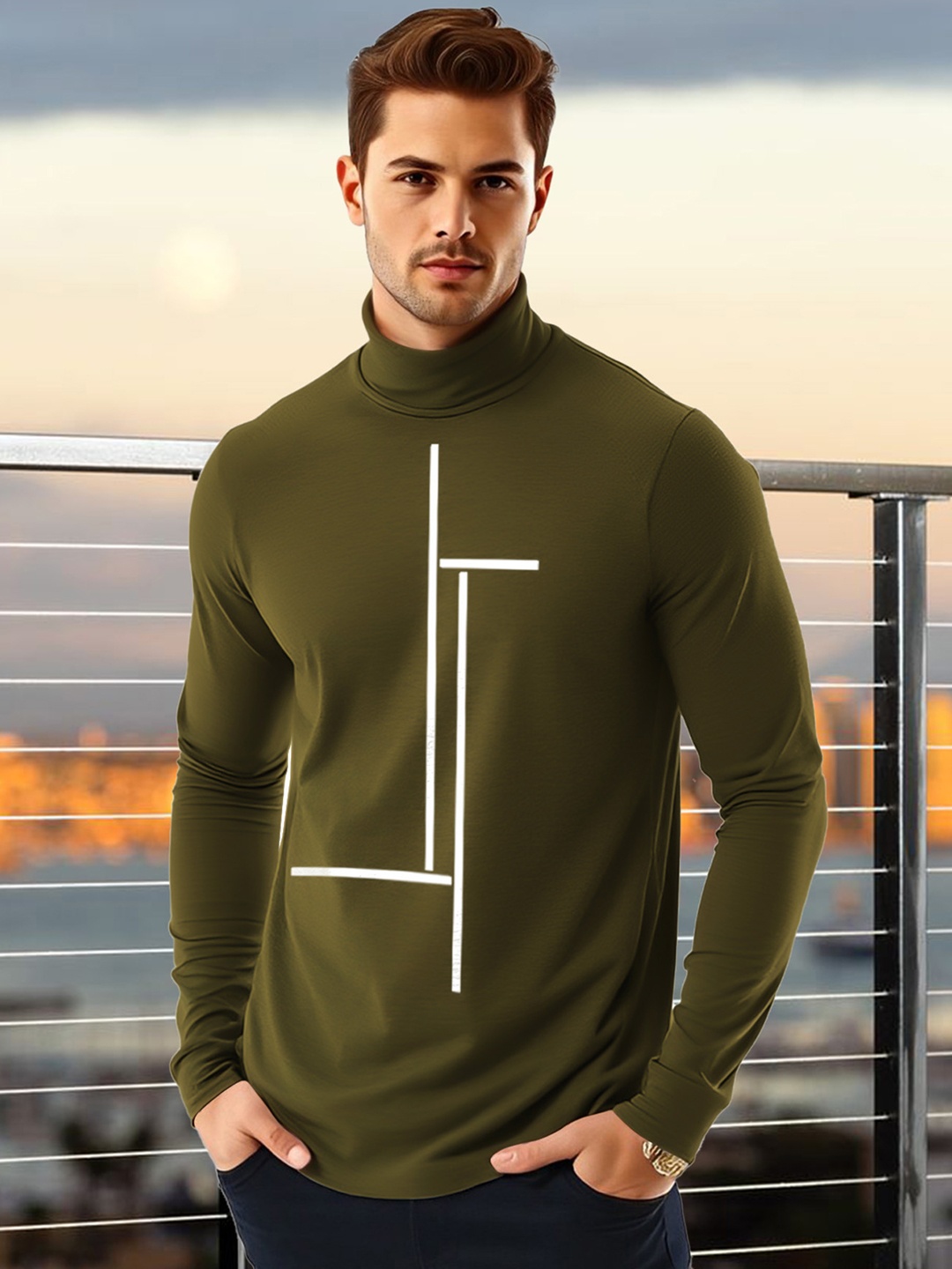 

AUSK Men Geometric Printed High Neck Cotton T-shirt, Olive