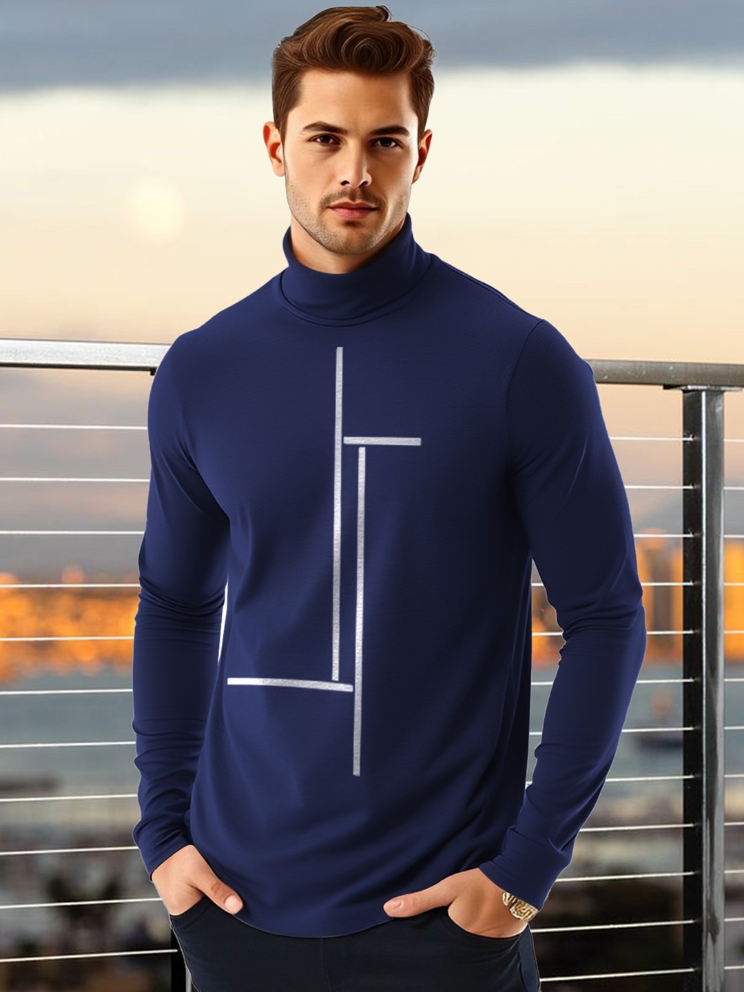 

AUSK Men Geometric Printed High Neck Cotton T-shirt, Blue