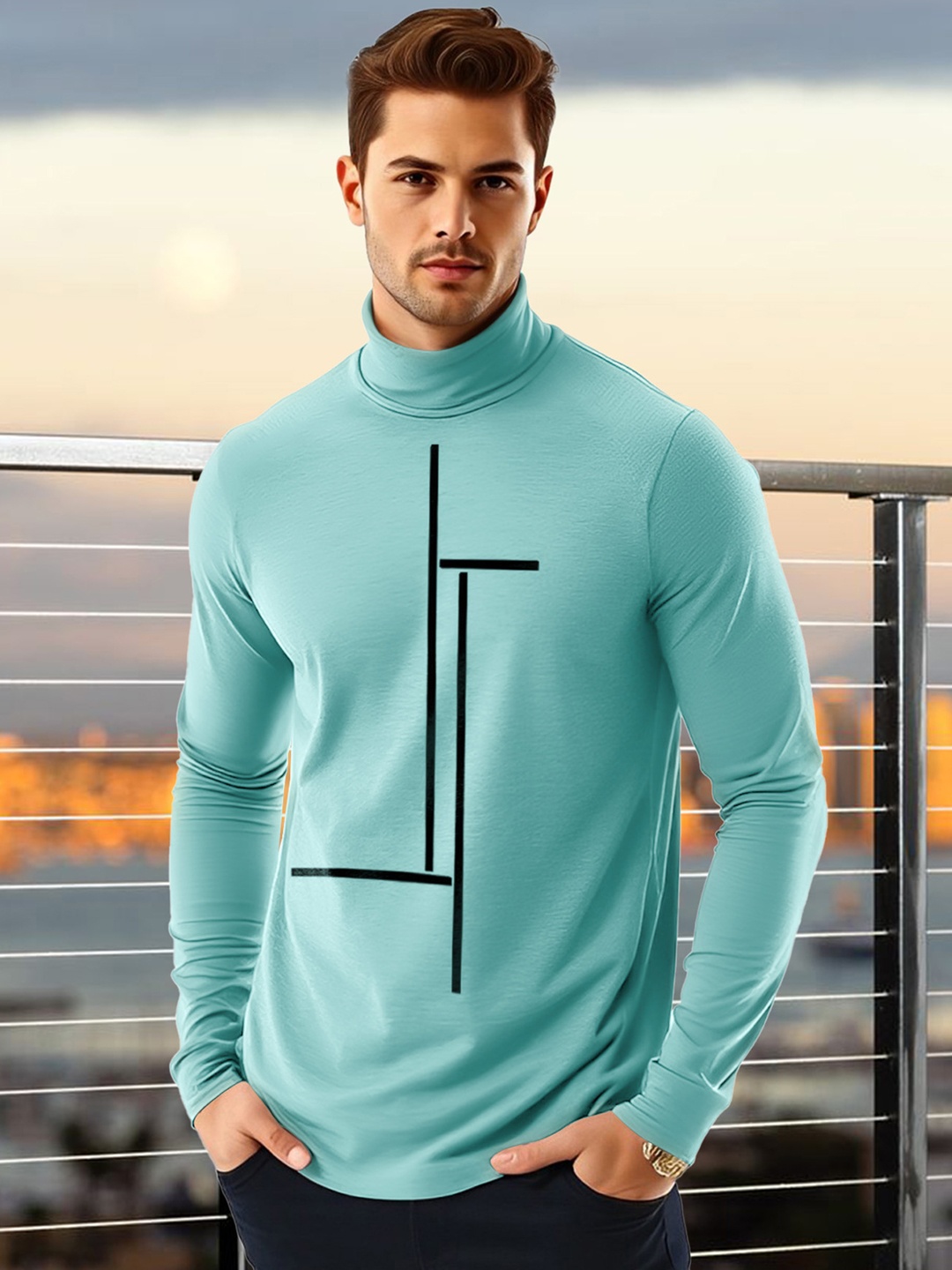 

AUSK Men Geometric Printed High Neck Cotton T-shirt, Sea green