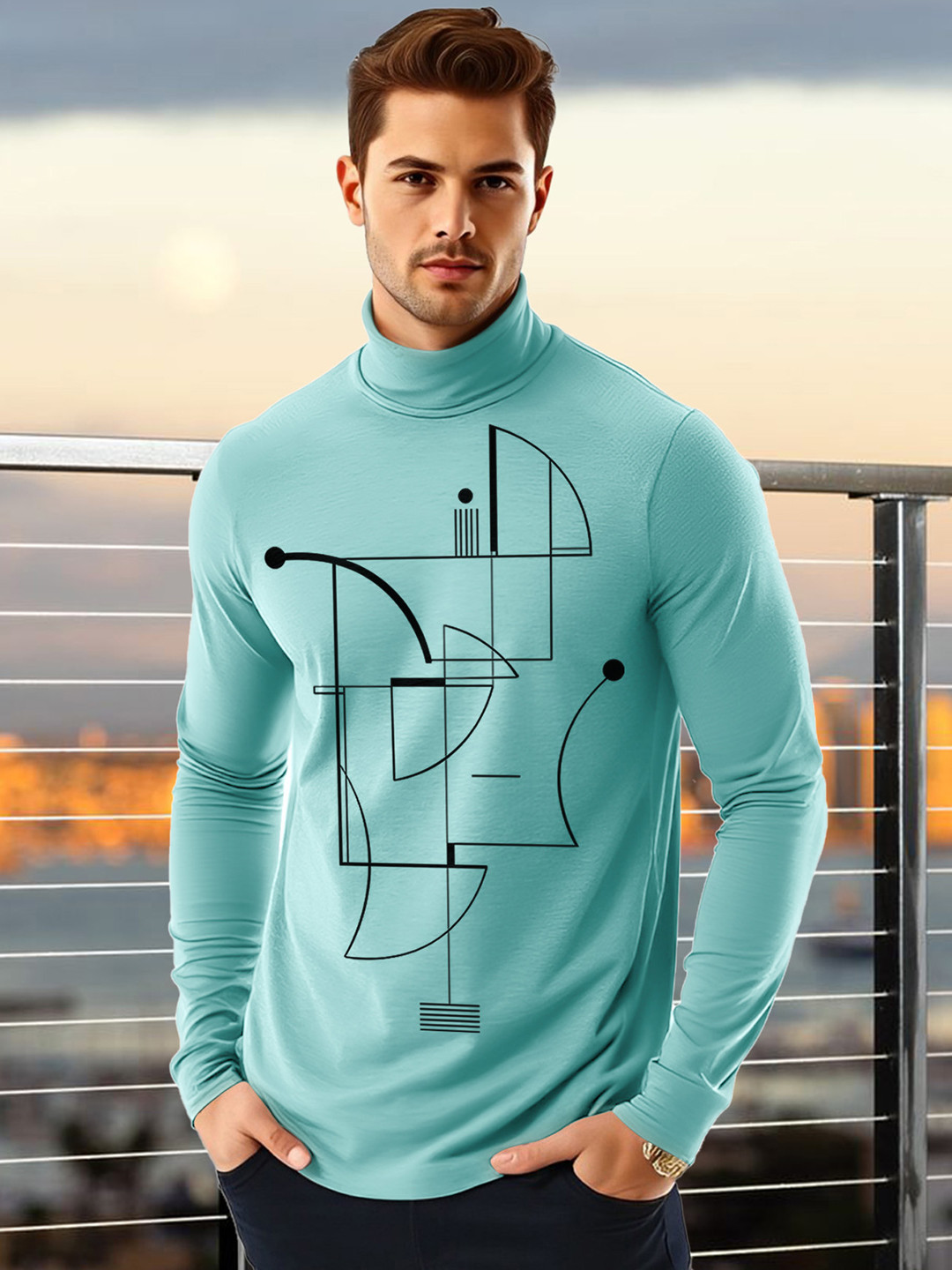 

AUSK Men Geometric Printed High Neck Cotton T-shirt, Sea green